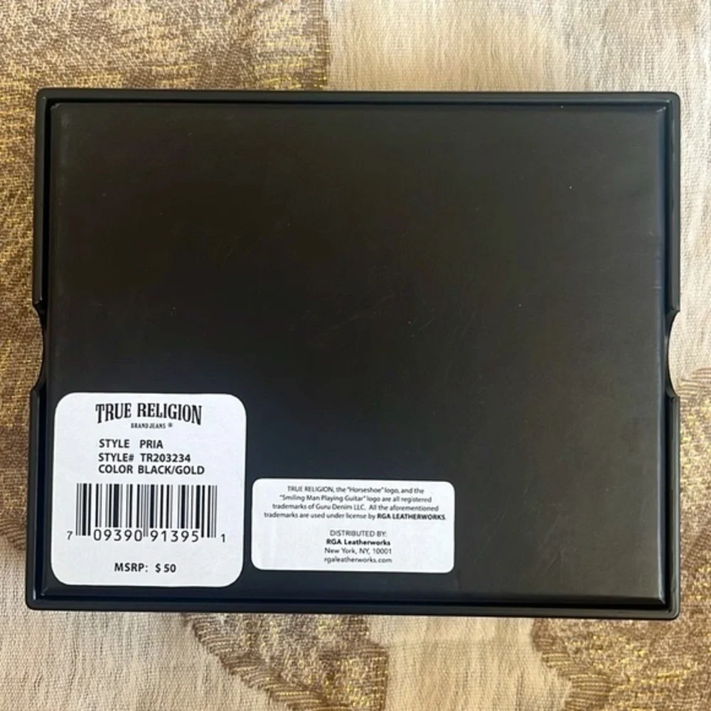 Brand New True Religion Genuine Leather Black/Gold Trifold Pria Wallet RFID